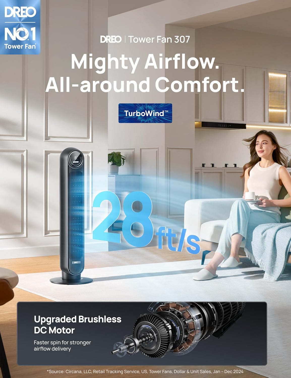 DREO Tower Fan - 2026 Upgraded DC Motor, 28ft/s High Velocity, 20dB Ultra Quiet, 8 Speeds & 4 Modes, 90° Oscillating Bladeless Floor Fan with Remote in Black - Yenka Supply