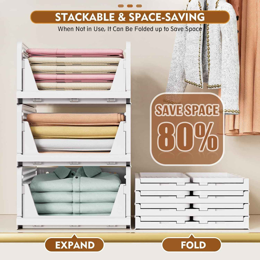 SNSLXH 5 Pack Stackable Closet Organizer - Multifunctional & Foldable Storage Baskets for Bathroom, Kitchen, Laundry Room, and Wardrobe - Space-Saving Clothes Storage Drawer Organizers in White