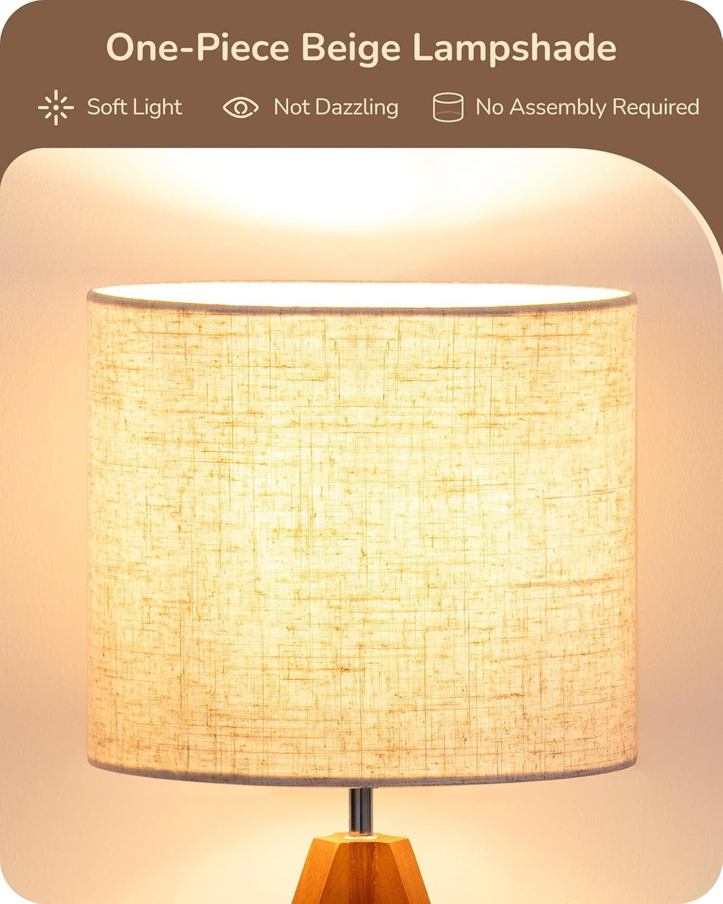 EDISHINE Tripod Table Lamp, Small Cute Bedside Lamp with Linen Beige Lampshade, Nightstand Lamp for Nursery, Bedroom, Kid Room, Living Room, Light Brown Wooden Base, E26 Socket, 14.2 Inch Yenka Supply