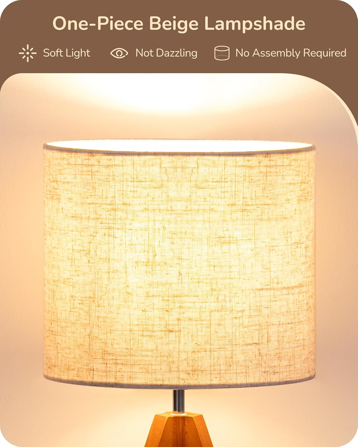 EDISHINE Tripod Table Lamp, Small Cute Bedside Lamp with Linen Beige Lampshade, Nightstand Lamp for Nursery, Bedroom, Kid Room, Living Room, Light Brown Wooden Base, E26 Socket, 14.2 Inch Yenka Supply