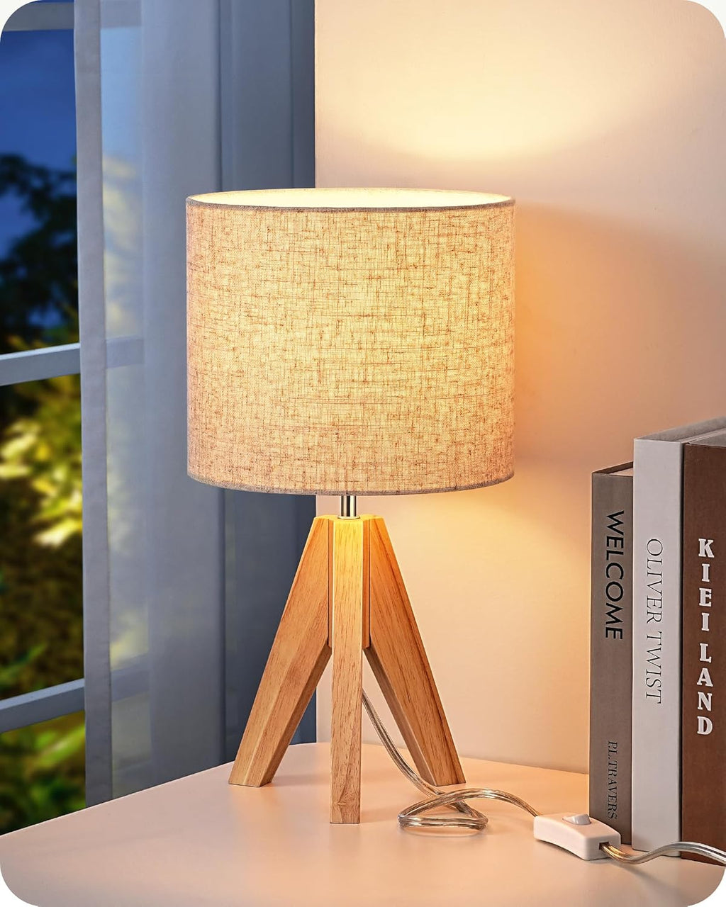 EDISHINE Tripod Table Lamp, Small Cute Bedside Lamp with Linen Beige Lampshade, Nightstand Lamp for Nursery, Bedroom, Kid Room, Living Room, Light Brown Wooden Base, E26 Socket, 14.2 Inch Yenka Supply