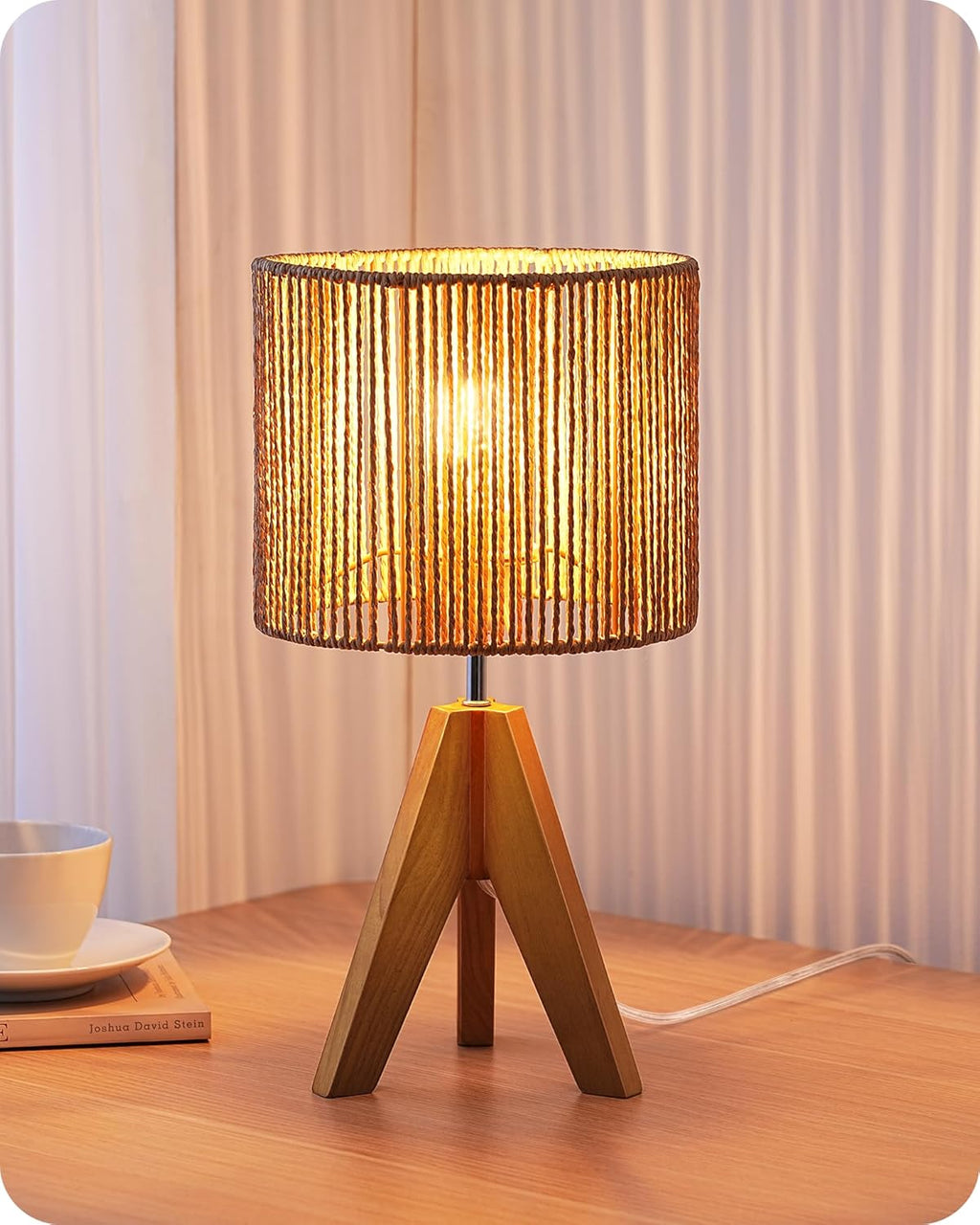 EDISHINE Tripod Table Lamp, Small Cute Bedside Lamp with Linen Beige Lampshade, Nightstand Lamp for Nursery, Bedroom, Kid Room, Living Room, Light Brown Wooden Base, E26 Socket, 14.2 Inch Yenka Supply