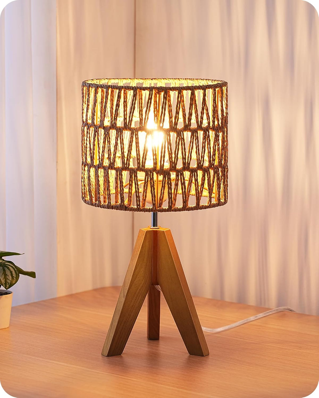 EDISHINE Tripod Table Lamp, Small Cute Bedside Lamp with Linen Beige Lampshade, Nightstand Lamp for Nursery, Bedroom, Kid Room, Living Room, Light Brown Wooden Base, E26 Socket, 14.2 Inch Yenka Supply