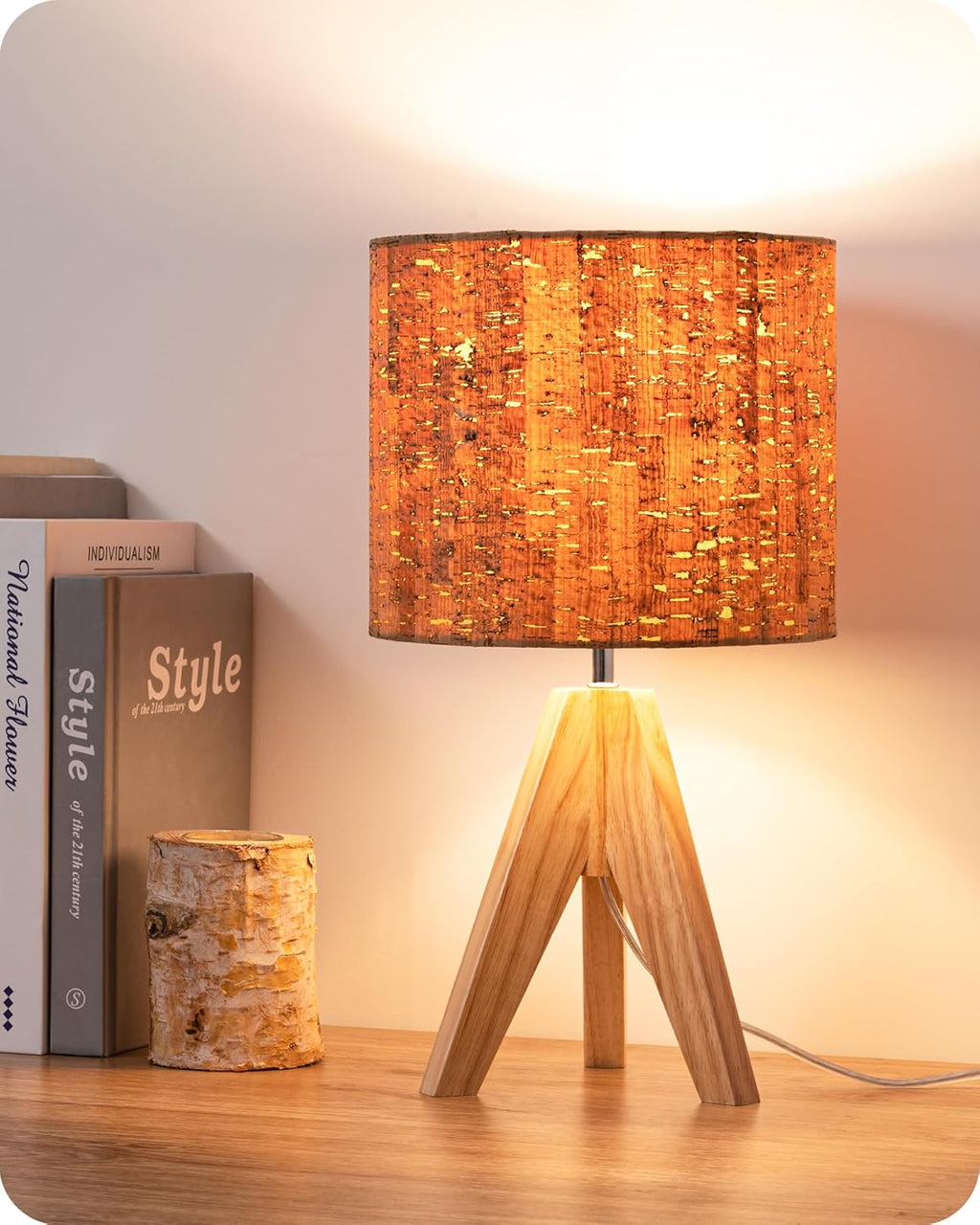 EDISHINE Tripod Table Lamp, Small Cute Bedside Lamp with Linen Beige Lampshade, Nightstand Lamp for Nursery, Bedroom, Kid Room, Living Room, Light Brown Wooden Base, E26 Socket, 14.2 Inch Yenka Supply