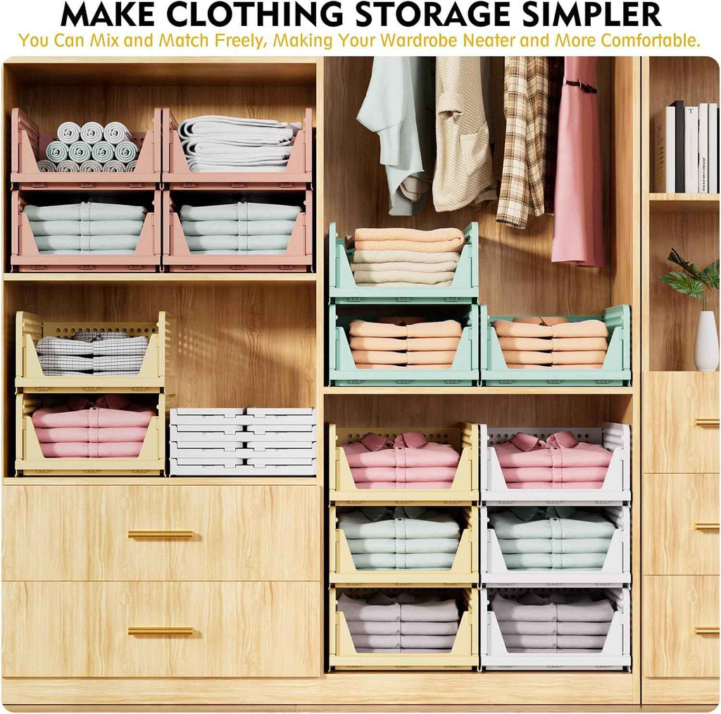SNSLXH 5 Pack Stackable Closet Organizer - Multifunctional & Foldable Storage Baskets for Bathroom, Kitchen, Laundry Room, and Wardrobe - Space-Saving Clothes Storage Drawer Organizers in White