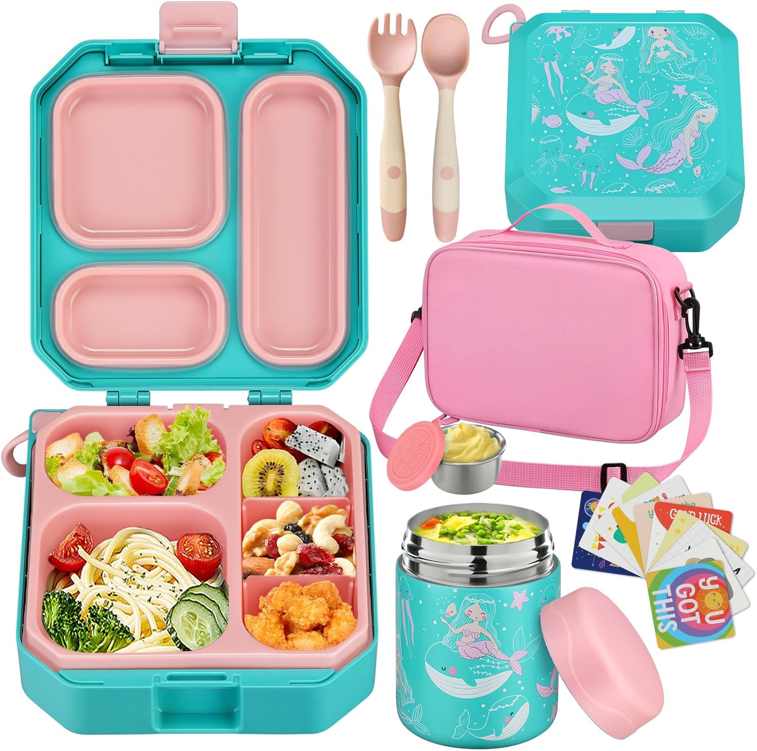 Bento Style Lunch Box for Kids with 12oz Soup Thermo - Leak-Proof Food Container, 5 Compartment Hot Food Jar & Insulated Lunch Bag for School - Yenka Supply