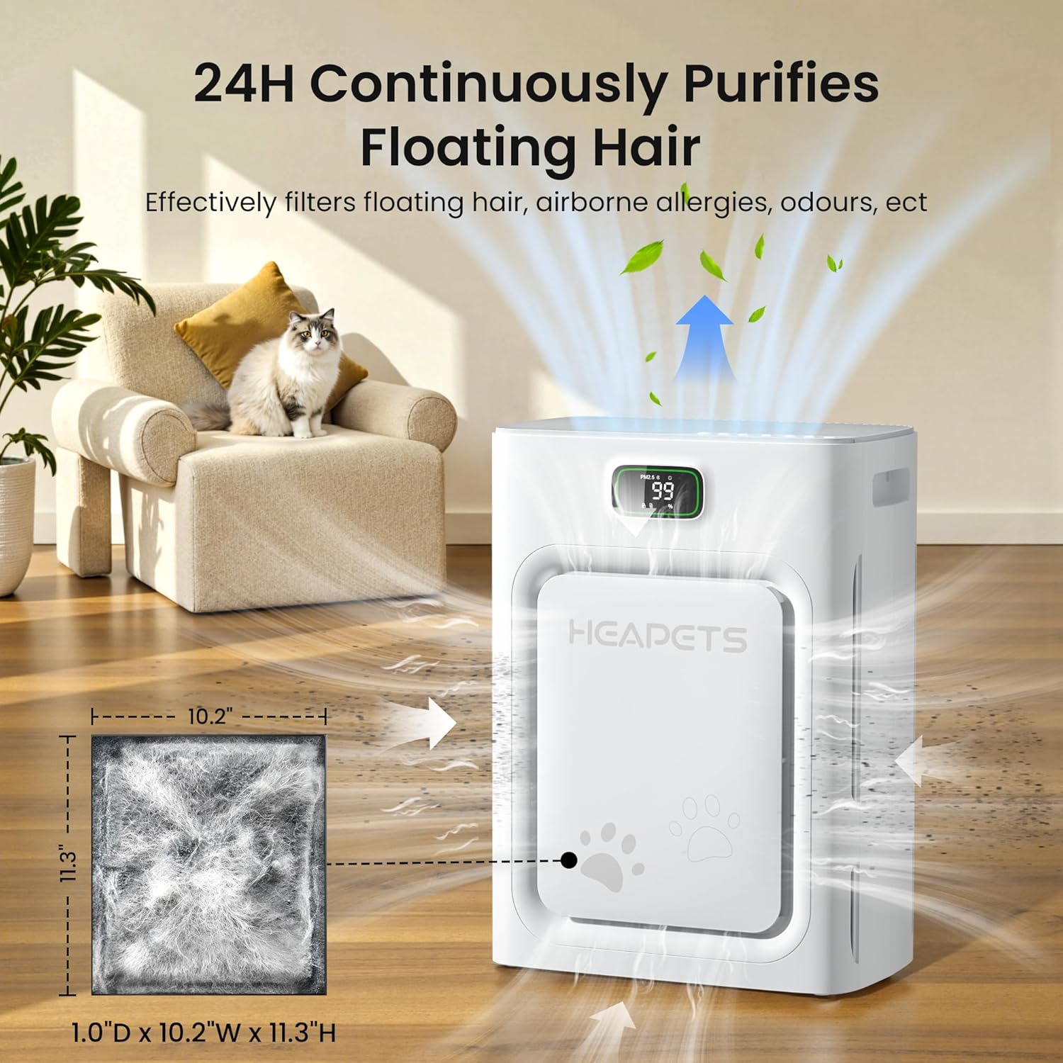 Pet Air Purifier for Home Large Room 2500 sq ft, H13 HEPA Washable Double-Sided Filter,Air Cleaner for Pet Hair Dander Odor Allergies Pollutant Smoke Dust,PM2.5 Air Quality Monitor,Auto Mode,P358 Grey Yenka Supply