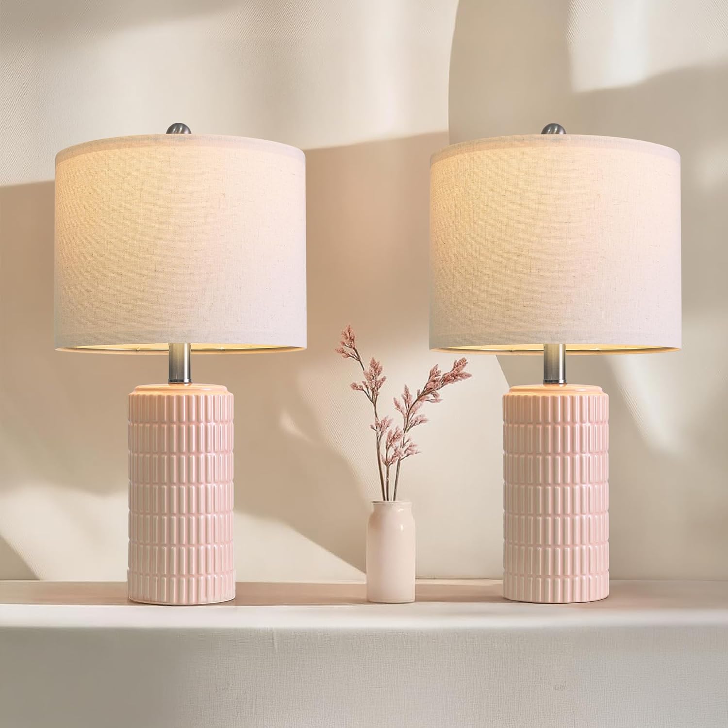 PoKat 20.75" Small Modern Ceramic Table Lamps Set of 2 for Bedroom, White Bedside Lamps for Night Stands, Farmhouse Desk Decor Gift Nightstand Table Lamps for Living Room End Table Beige Yenka Supply