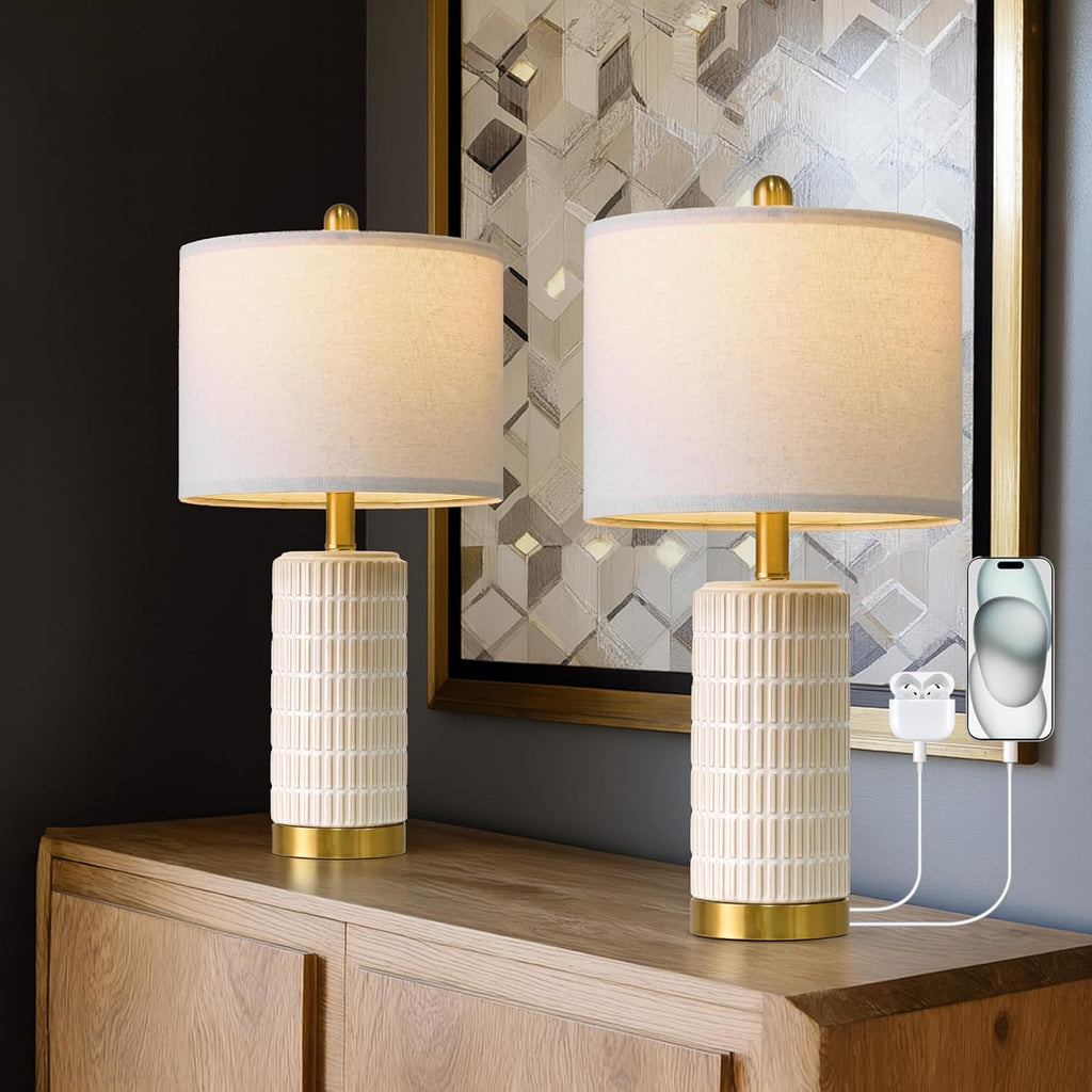 PoKat 20.75" Small Modern Ceramic Table Lamps Set of 2 for Bedroom, White Bedside Lamps for Night Stands, Farmhouse Desk Decor Gift Nightstand Table Lamps for Living Room End Table Beige Yenka Supply