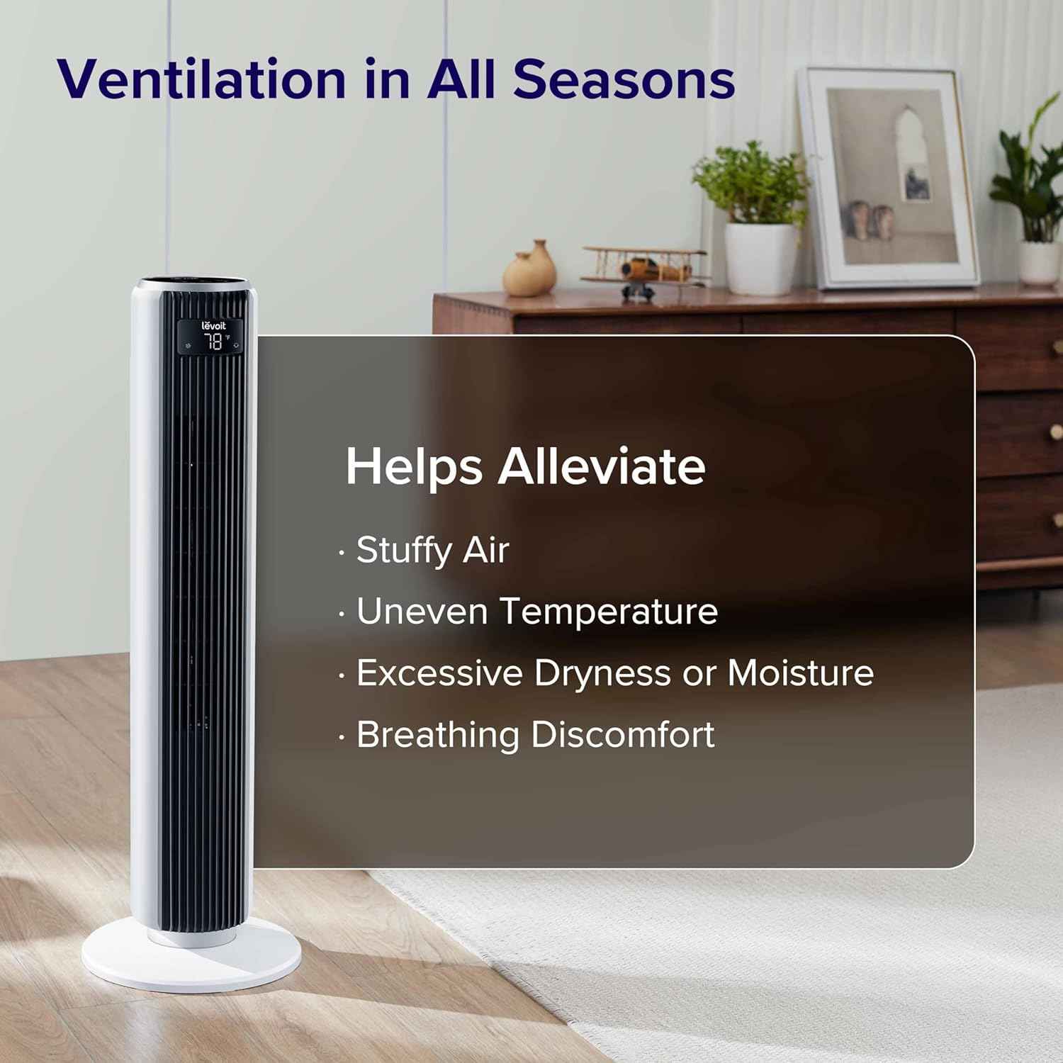 LEVOIT Tower Fan for Bedroom - 36 Inch Bladeless Standing Fan with 28dB Quiet Operation, Remote Control, 12H Timer, 5 Speeds, 4 Modes, and 90° Oscillation for Ultimate Home Comfort - Yenka Supply