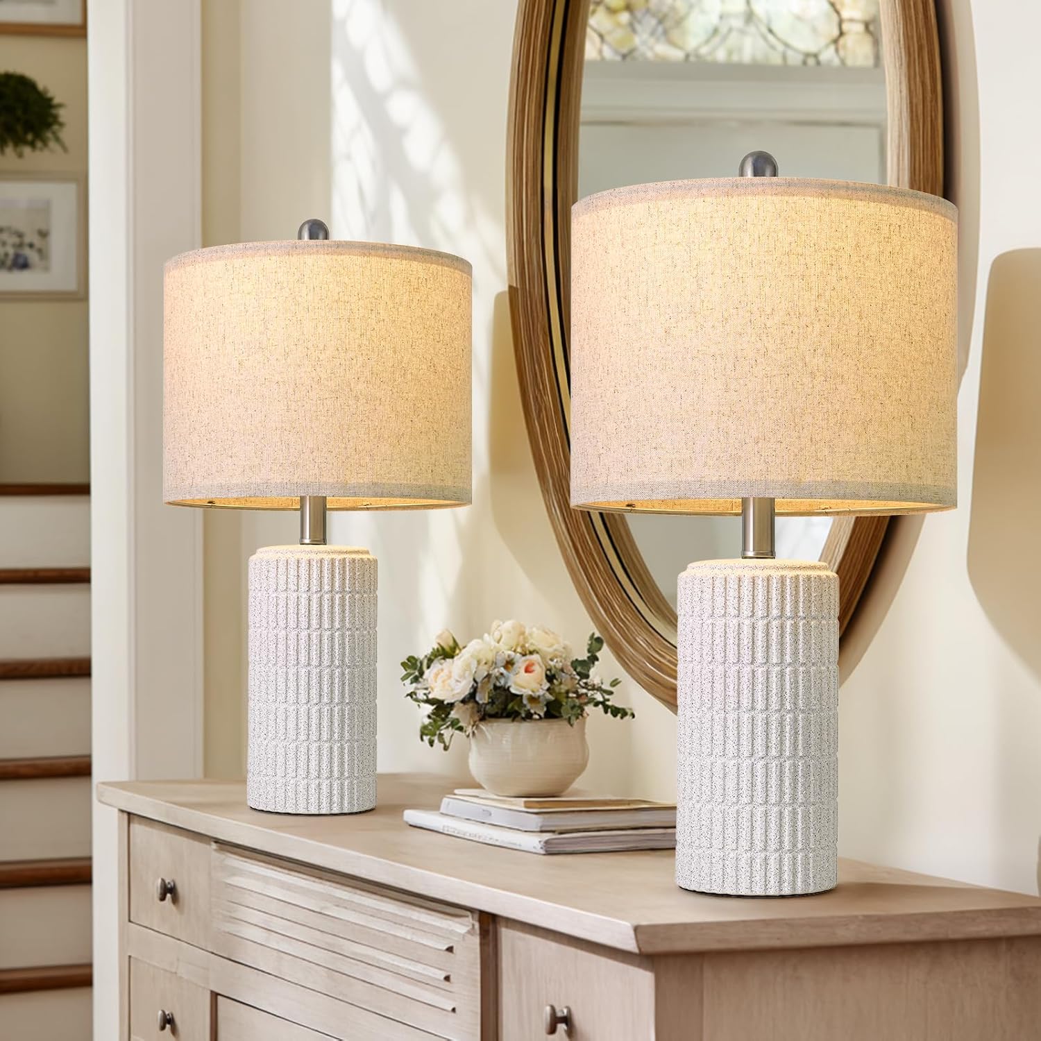 PoKat 20.75" Small Modern Ceramic Table Lamps Set of 2 for Bedroom, White Bedside Lamps for Night Stands, Farmhouse Desk Decor Gift Nightstand Table Lamps for Living Room End Table Beige Yenka Supply