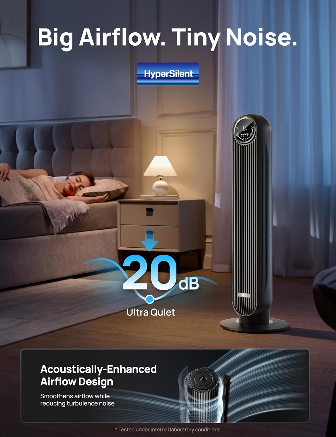 DREO Tower Fan - 2026 Upgraded DC Motor, 28ft/s High Velocity, 20dB Ultra Quiet, 8 Speeds & 4 Modes, 90° Oscillating Bladeless Floor Fan with Remote in Black - Yenka Supply