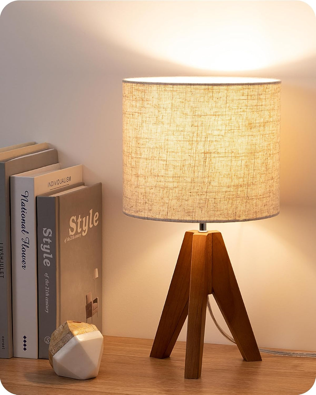 EDISHINE Tripod Table Lamp, Small Cute Bedside Lamp with Linen Beige Lampshade, Nightstand Lamp for Nursery, Bedroom, Kid Room, Living Room, Light Brown Wooden Base, E26 Socket, 14.2 Inch Yenka Supply