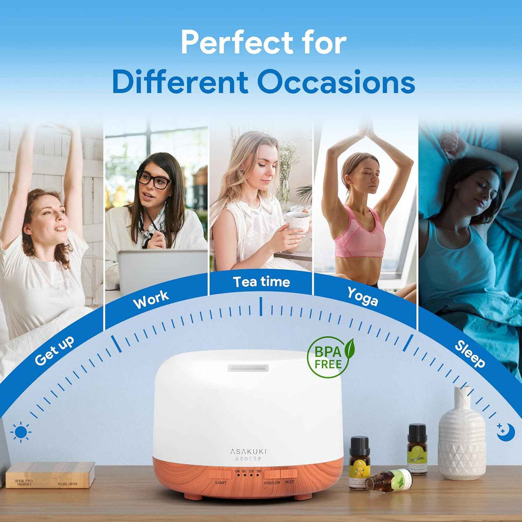 ASAKUKI Essential Oil Diffuser 500ML Aromatherapy Humidifier for Bedroom, Remote Control, 7 Color LED Lights, Quiet Cool Mist for Home and Office