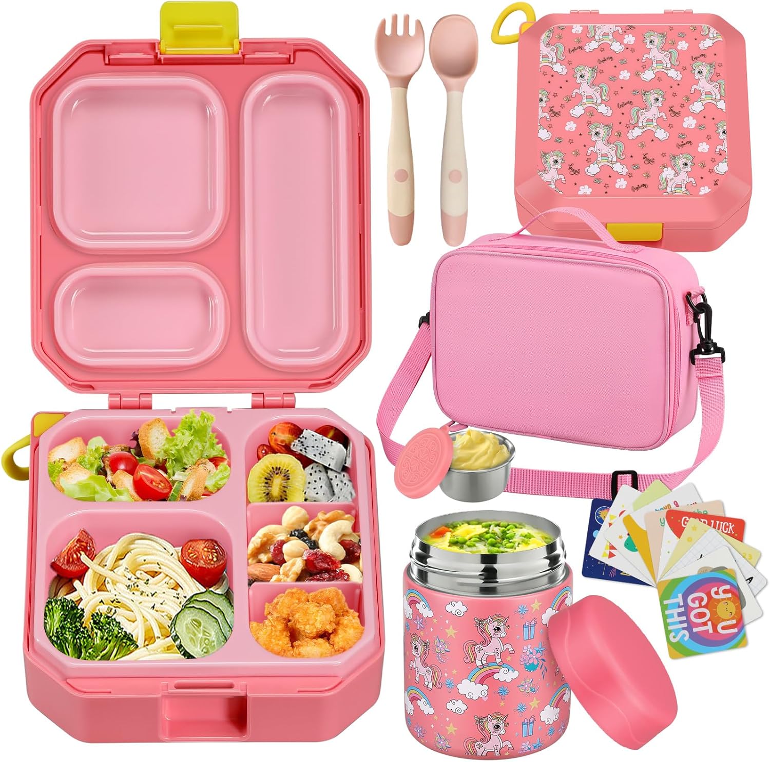 Bento Style Lunch Box for Kids with 12oz Soup Thermo - Leak-Proof Food Container, 5 Compartment Hot Food Jar & Insulated Lunch Bag for School - Yenka Supply