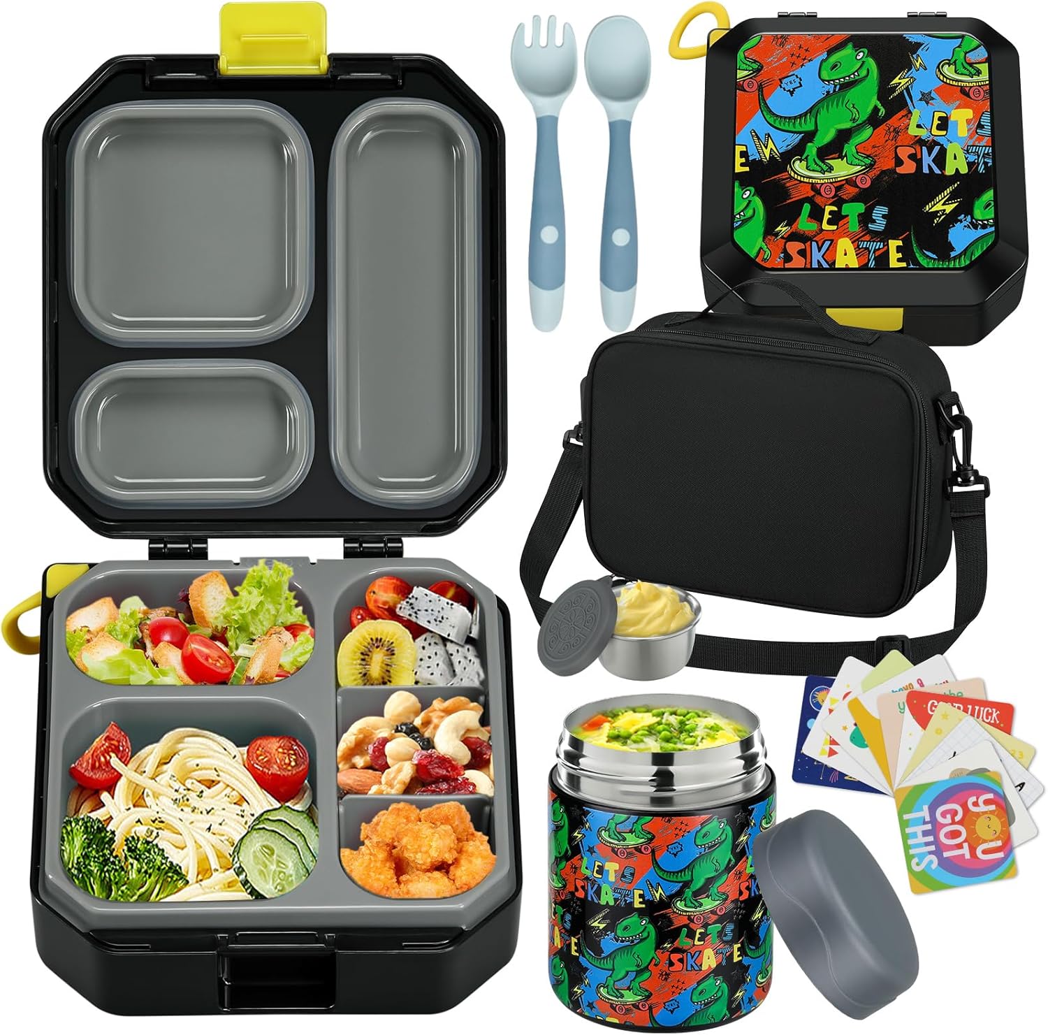 Bento Style Lunch Box for Kids with 12oz Soup Thermo - Leak-Proof Food Container, 5 Compartment Hot Food Jar & Insulated Lunch Bag for School - Yenka Supply