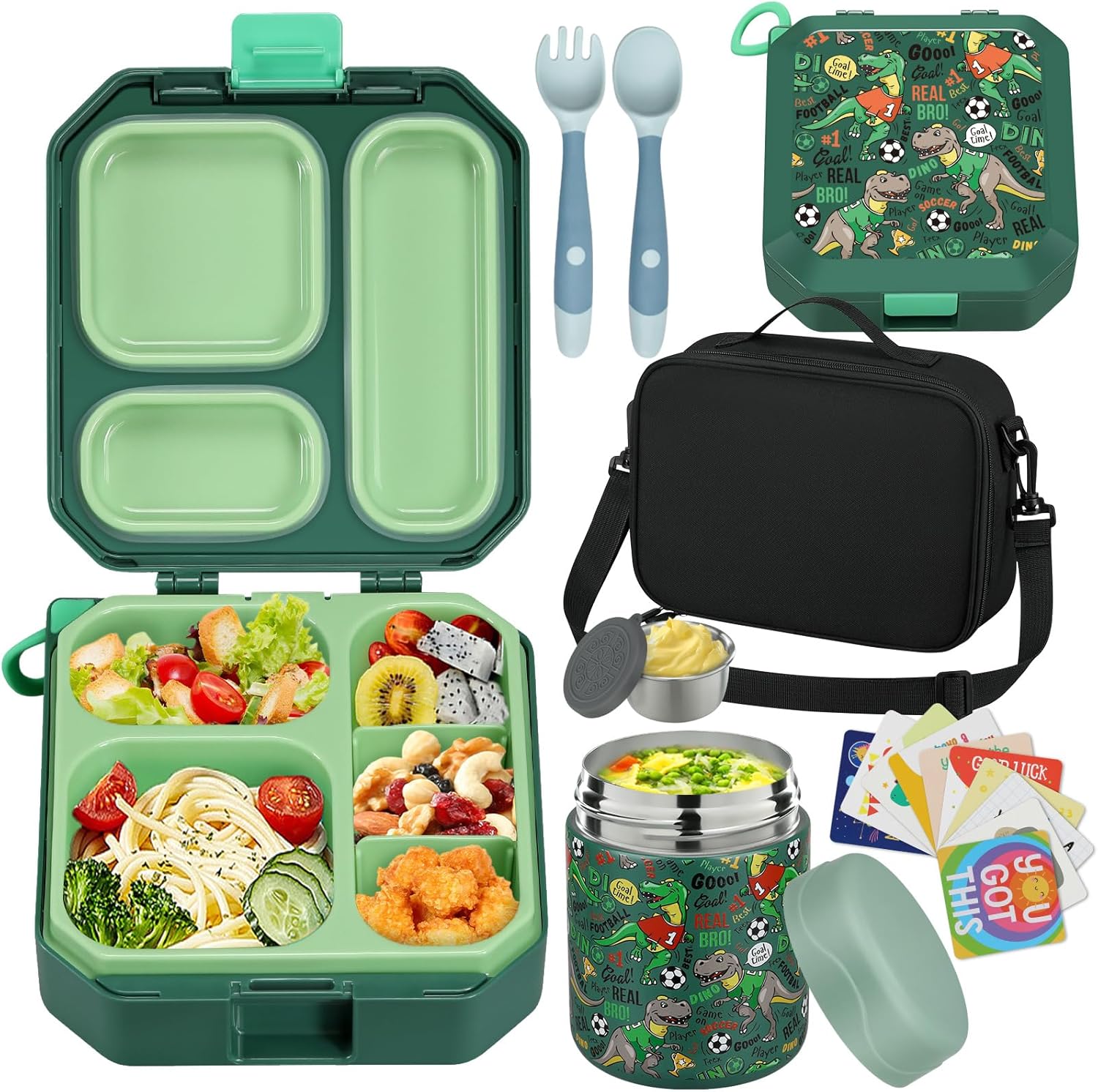 Bento Style Lunch Box for Kids with 12oz Soup Thermo - Leak-Proof Food Container, 5 Compartment Hot Food Jar & Insulated Lunch Bag for School - Yenka Supply
