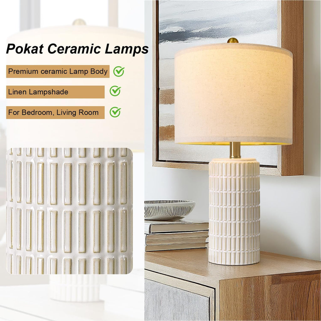 PoKat 20.75" Small Modern Ceramic Table Lamps Set of 2 for Bedroom, White Bedside Lamps for Night Stands, Farmhouse Desk Decor Gift Nightstand Table Lamps for Living Room End Table Beige Yenka Supply