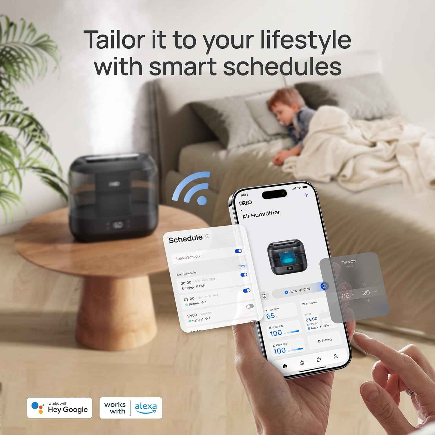 Dreo Smart Humidifiers for Bedroom - Top Fill 4L Large Room Humidifier with 28 dB, 36H Runtime, Touch/APP/Voice Control, Nightlight, Cool Mist for Baby, Plants, Indoor - Black