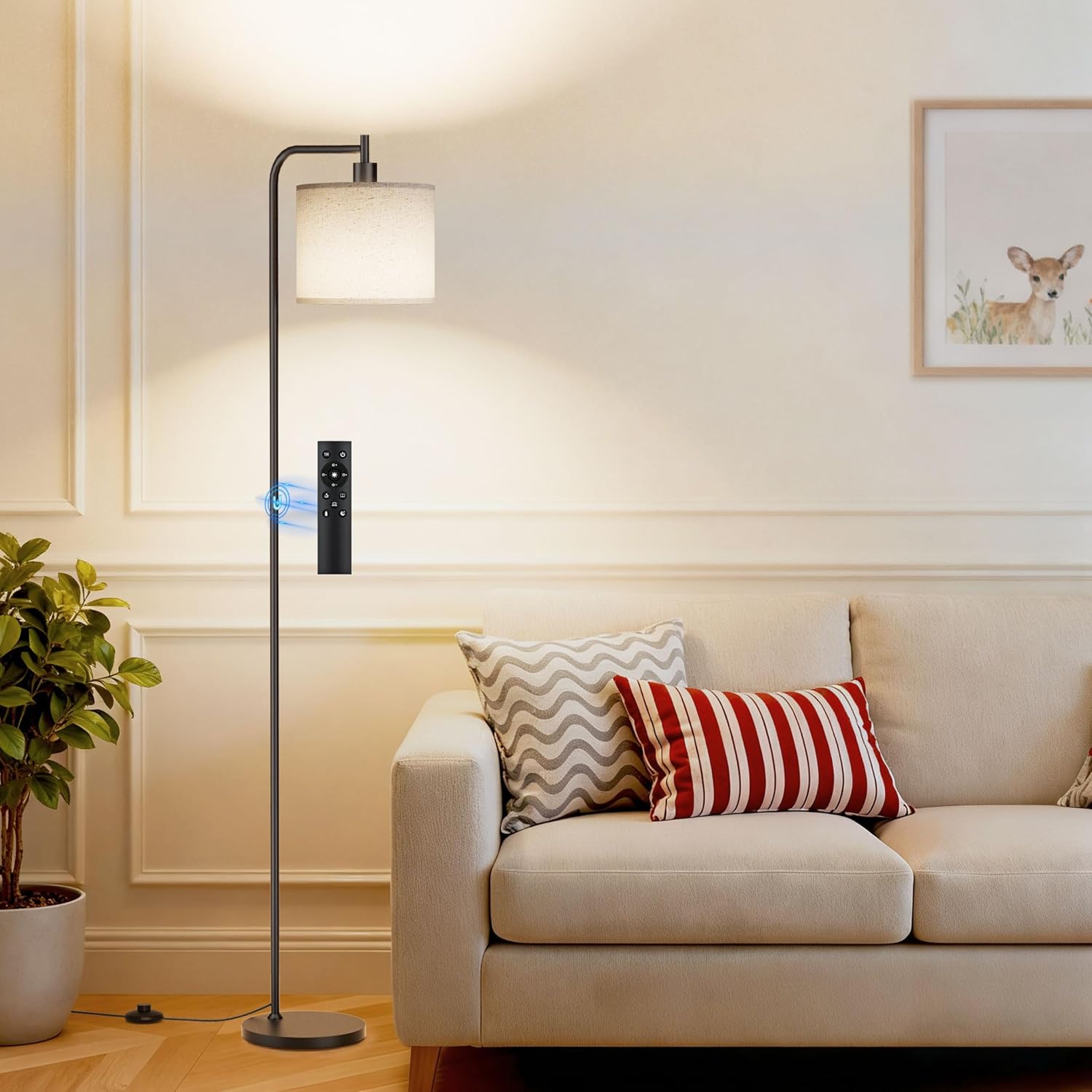 SIBRILLE Floor Lamp with Linen Shade, Dimmable Tall Standing Lamp with Remote Control & 3 Color Temperatures, Modern Corner Floor Lamps for Living Room Bedroom Office, 9W LED Bulb Included Yenka Supply