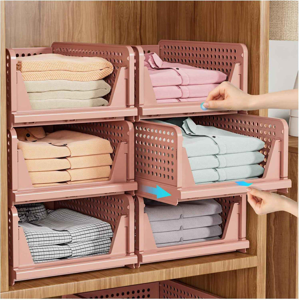 SNSLXH 5 Pack Stackable Closet Organizer - Multifunctional & Foldable Storage Baskets for Bathroom, Kitchen, Laundry Room, and Wardrobe - Space-Saving Clothes Storage Drawer Organizers in White