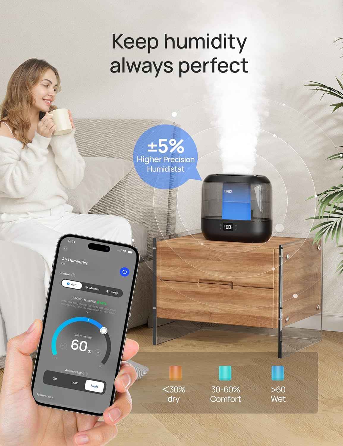 Dreo Smart Humidifiers for Bedroom - Top Fill 4L Large Room Humidifier with 28 dB, 36H Runtime, Touch/APP/Voice Control, Nightlight, Cool Mist for Baby, Plants, Indoor - Black